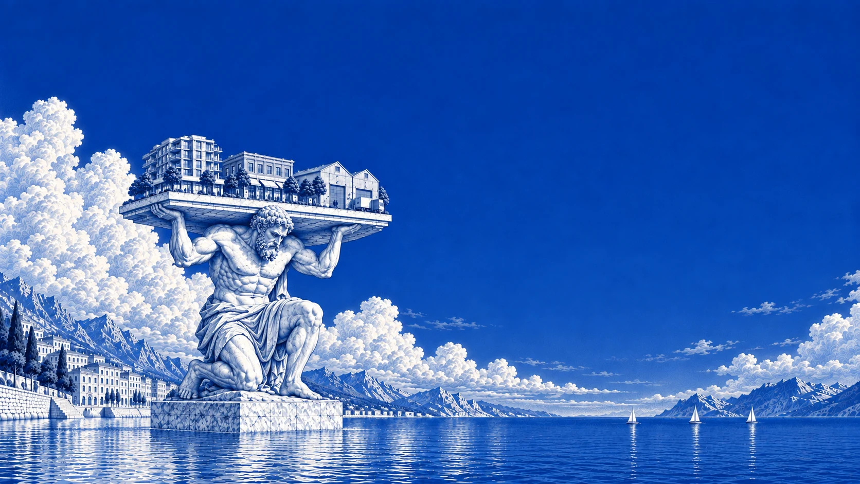 A monumental marble Atlas carries apartments, a retail center, and a warehouse on his shoulders beside a calm blue sea.